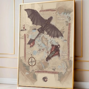 May include: Framed artwork featuring a map with a dragon and a figure in flight. The dragon is black with large wings, and the figure wears red and brown attire. The map has a vintage aesthetic with various symbols and text.