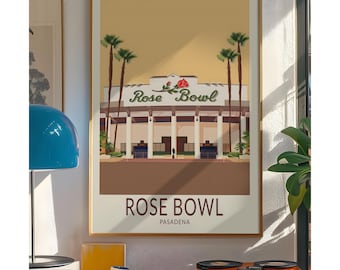Impresión digital del estadio Rose Bowl / Póster turístico de Pasadena / Arte mural de un recinto deportivo moderno de mediados de siglo / Regalo para fanáticos del fútbol americano de UCLA