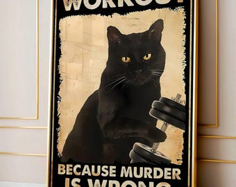 Póster digital de gato divertido para entrenar, arte mural motivacional para el gimnasio, regalo para amantes de los gatos negros, impresión vintage de fitness con descarga instantánea.