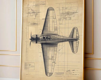 Vintage vliegtuig blauwdruk muurkunst print, poster klassieke vliegtuig technische tekening, poster luchtvaarttechniek, retro piloot kantoordecor
