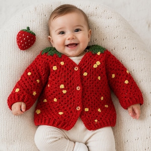 Puede incluir: Una chaqueta de punto de ganchillo roja con estampado de fresas, detalles verdes en el cuello y pequeños toques amarillos. La prenda tiene tres botones en la parte delantera y se acompaña de un pequeño accesorio de fresa de ganchillo.