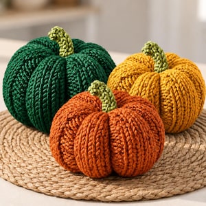 May include: Three round, knitted pumpkins in dark green, bright orange, and golden yellow. Each pumpkin features a textured, ribbed surface and a small, light green stem attached to the top centre, creating a soft, rounded, and segmented appearance.