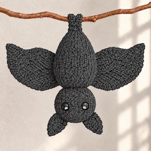 May include: A dark charcoal gray crocheted bat hanging upside down from a thin brown branch. The bat features a textured, knotted yarn body, two wide outstretched wings, and two large, smooth, glossy black circular eyes set in a round head.