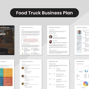 May include: A business plan template for a food truck, with the title "Food Truck Business Plan" at the top. The plan includes sections for executive summary, company overview, customer analysis, competitive analysis, products & services, operations plan, and financial plan.