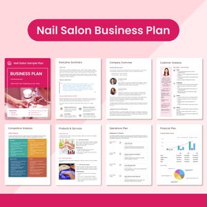 Puede incluir: Una plantilla de plan de negocios rosa y blanco para un salón de uñas. El título "Nail Salon Business Plan" se muestra en texto blanco grande sobre una pancarta rosa. El plan incluye secciones sobre resumen ejecutivo, análisis de clientes y plan financiero.