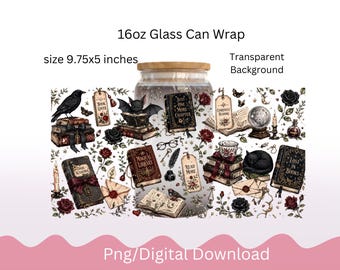 Gothic Bookish Libbey Glass Wrap PNG, Reader Club Glass Can Wrap, Dark Academia Books Roses Raven Bat Tumbler Design, Gotmas Bookish Reader