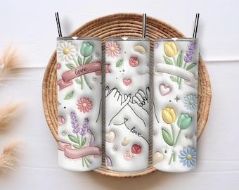 Custom Up to 2 Kids Holding Mom‘s Hand 3D Inflated 20oz Tumbler Png, Mothers Day Tumbler 20oz Png, Floral Mom 20 oz Tumbler Wrap