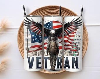 Veteran Military Eagle Flag 20oz Tumbler Wrap, Patriotic Army Sublimation PNG, USA Soldier Gift, Father’s Day Veteran Cup Design