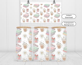 Bookish Coffee Glass Can Wrap PNG, Coquette Book Lover 16oz Libbey Wrap, Girly Books and Coffee Aesthetic PNG Design