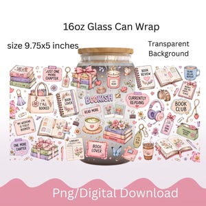Kawaii Book Lover 16oz Glass Can Wrap PNG | Valentine's Day (Digital Download)