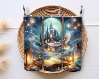 Magical Castle Owl 20oz Skinny Tumbler Sublimation Design PNG, Wizard School Tumbler Wrap Graphics for DIY Gift, Digital Download