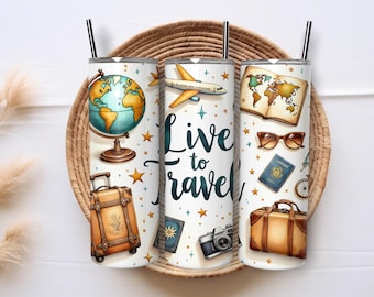 Live to Travel Fernweh Reise-Liebhaber Geschenk 20 Unzen Skinny Tumble Wrap Sublimation Design PNG DIY Sofort-Download