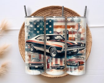 Amerikanischer Muskel-Auto Tumbler Wrap PNG, klassische USA Flagge 20oz Skinny Tumbler Sublimationsdesign, Patriotische Autos Digitaler Download