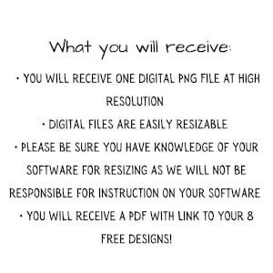 May include: White background with black text. The text reads: "What you will receive:" followed by bullet points detailing a digital PNG file, resizable files, and a PDF with a link to free designs.