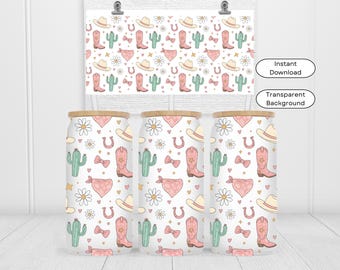 Pastel Cowgirl 16oz Libbey Glass Can Wrap PNG, Pink Western Coquette Bow Cup, Floral Girly Cowboy Aesthetic Glass Wrap