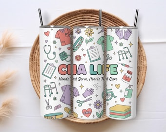 CNA Life Hands That Serve Hearts That Care Nurse 20oz Skinny Tumbler Wrap Design a sublimazione PNG Download digitale per bicchieri