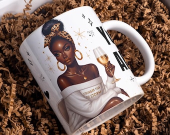 Black Woman Mug Wrap PNG, 11oz & 15oz Stronger Than The Storm Coffee Mug Design