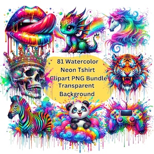 Op de afbeelding: Een verzameling levendige aquarel clipart afbeeldingen, waaronder een schedel met een kroon, een zebra, een panda, een draak, een eenhoorn, een tijger, lippen en een gamecontroller. De tekst luidt "81 Watercolor Neon Tshirt Clipart PNG Bundle Transparent Background."