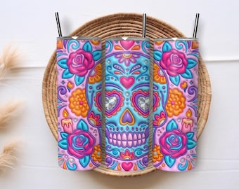 Inflated Rhienstone Sugar Skull 3D Tumbler, Day of the Dead 20 Oz Skinny Tumbler Sublimation Design, Día de Los Muertos Tumbler PNG Design