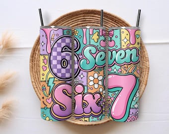 Diseño moderno de vaso delgado de 20 oz con diseño de fiesta infantil Six Seven 67 Y2K, descarga digital PNG.