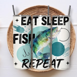 Eat Sleep Fish Repeat Tumbler Wrap PNG 20oz Skinny Sublimation Design Fishing Cup Wrap Funny Fisherman Gift Digital Download