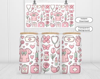 Coquette Nurse Glass Can Wrap PNG, Cute Nurse Cup Sublimation Design, Medical Glass Wrap, Nurse Can Aesthetic Coffee Cup Digital Download