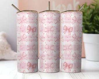 Coquette Bows Tumbler Wrap PNG, Checkered Pink 20oz Skinny Sublimation Design, Girly Cup Wrap, Digital Download