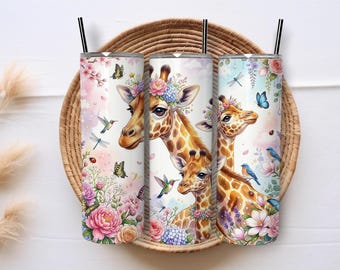 Giraffe Family 20oz Skinny Tumbler Wrap PNG, Floral Giraffe Sublimation Design, Wildlife Digital Download