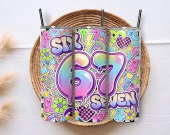 Diseño moderno de vaso delgado de 20 oz con diseño de fiesta infantil Six Seven 67 Y2K, descarga digital PNG.