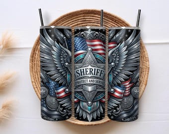 Sheriff Tumbler Wrap PNG 20oz Protect and Serve USA Flag Sublimation Design Police Officer Digital Download