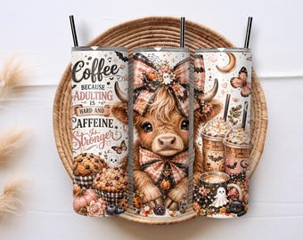 Funny Highland Cow Halloween Tumbler Wrap PNG | Sarcastic Coffee Tumbler Design | Cute Cow Coffee Wrap