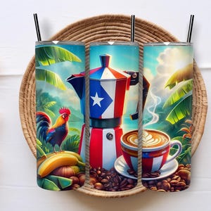 May include: Three stainless steel tumblers with black straws, featuring a vibrant Puerto Rican theme. The design includes a rooster, a coffee maker, and a cup of coffee, all set against a tropical backdrop. The tumblers are placed on a woven tray.