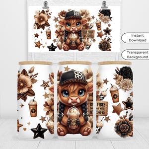 May include: White glass can with a wooden lid, featuring a cartoon Highland cow with a leopard print hat, holding a coffee. The design includes flowers, stars, and the text "Bad Vibes Don't Go With My Coffee."