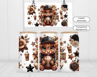 Western Cow Coffee 16oz Glass Can Wrap PNG, Cheetah Print Cowgirl Cup Design, Country Aesthetic Sublimation, Digital Download