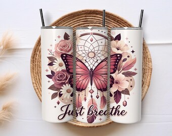 Positive Affirmation Quote Tumbler Wrap, Just Breathe Boho Butterfly Floral Wrap, Pink Sunflower 20oz Skinny Sublimation Tumbler Design