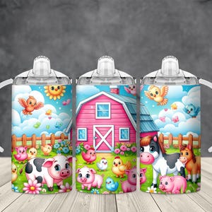 May include: Three sippy cups with a farm theme. Each cup features a colorful illustration of a barn, farm animals, and a blue sky with clouds. The cups have white handles and lids.