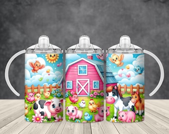 Farm Animals Sippy Cup Tumbler Wrap Design, 12oz Sublimation, Instant Download, Flip Top Bottle, Cute Barnyard Scene for Kids