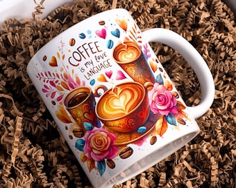 Coffee Lover Mug Wrap PNG, Cute Coffee Cup Sublimation Design for 11oz & 15oz Mugs, Funny Coffee Template, Digital Download for Mug Press