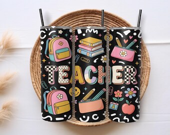 Seamless Cute Preppy Doodle Teacher Composition Notebook Design, Teacher 20oz Skinny Straight Tumbler Sublimation Wrap, PNG Digital Download