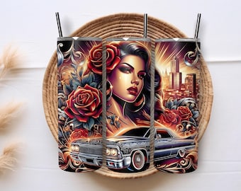 Chola Car Lowrider Girl Roses City 20oz Skinny Tumbler Wrap Sublimation Design PNG Digital Instant Download