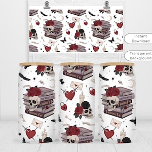 May include: White tumbler with a bamboo lid, featuring a gothic design. The design includes a skull with red roses atop a stack of books, hearts pierced with arrows, keys, and envelopes. The background is a matching pattern.