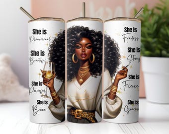 Erstellt mit einem Zweck Tumbler wickeln PNG, schwarze Frau 20oz Skinny Sublimationsdesign, Inspirational She Is Cup, digitaler Download