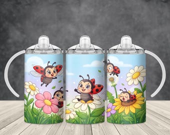 Uroczy kubek niekapek z biedronką PNG Wrap 12oz Sublimacja Projekt Kawaii Bug Garden Baby Nursery Floral Kids Cup Digital Download