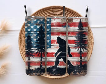 Bigfoot American Flag Tumbler Wrap PNG 20oz Patriotic Sasquatch Forest Grunge Rustic USA Sublimation Design Digital Download