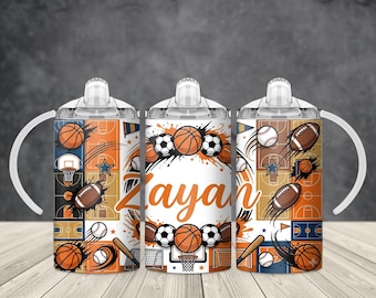 Custom Name Sports Sippy Cup PNG Wrap 12oz Sublimation Design Personalized Kids Cup Basketball Football Baseball Digital Download