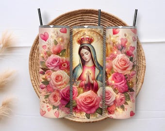 Virgin Mary Floral Sublimation Design, Valentine 20oz Skinny Tumbler PNG, Religious Tumbler Design, Digital Download, Catholic Gift