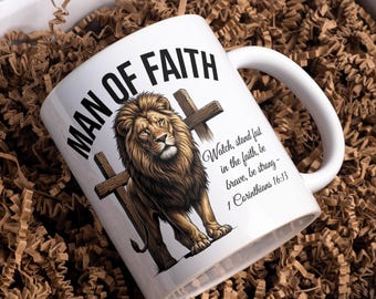 Man of Faith 11 and 15 oz Coffee Mug Wraps, Cross and Lion, Bible Verse Wrap, Digital Download, Sublimation png, Gift for Him