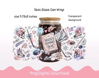Hockey Romance Girl 16oz Glass Can Wrap: Sublimation PNG (Digital Download)