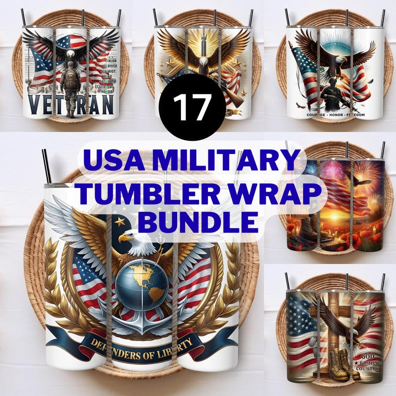 17 Veteran Tumbler Wrap Designs Bundle, Army Life 20oz Skinny Tumbler Sublimation , USA Military Soldier Patriotic PNG Digital Download