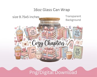 Bookish Glass Can Wrap, Cozy Chapters Sublimation Design, Book Lover Libbey Cup PNG, Digital Download